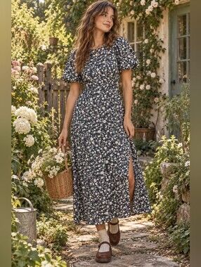 Cottage Blue Floral Puff Sleeve Midi Cottage Prairie Smocked Dress Size Midium